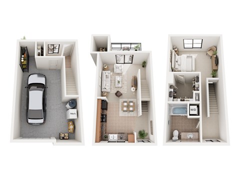 Three different floor plans of a house with a car parked in the first one.